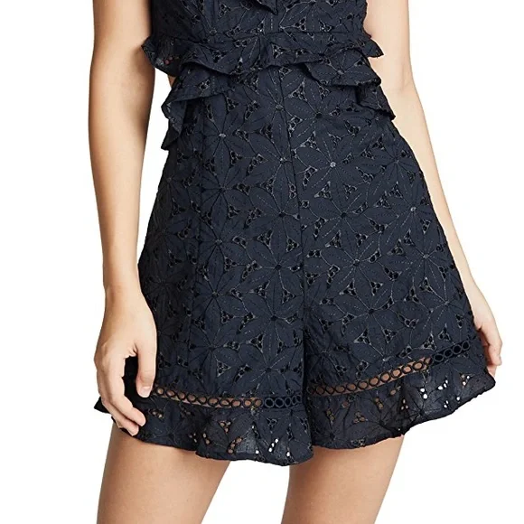 ASTR ALEXIS ROMPER Ruffle Cut Out Back Eyelet Floral Embroidery Dark Blue - Picture 12 of 16